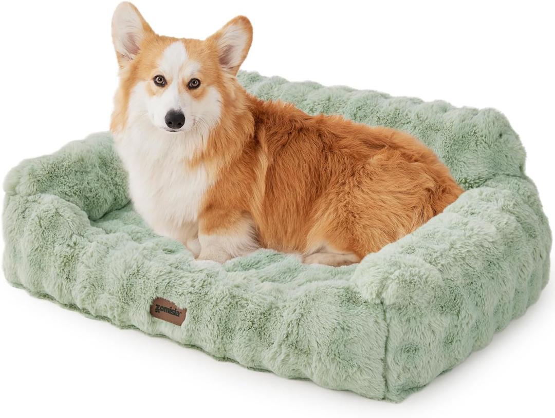 Green Dog Bed for Large Dogs-Orthopedic Dog Couch Bed with Supportive Egg Foam, Fluffy Faux Fur Pet Sofa with Removable Washable Cover and Non-Slip Bottom (35.0"L x 25.0"W x 12.5"Th)