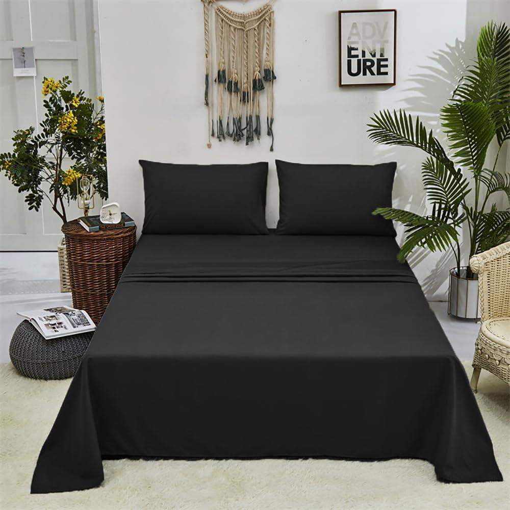 KAREVER Black Bed Sheet Set 4 PCs 1 Fitted Sheet 1 Flat Sheet with 2 Pillowcases Full Size