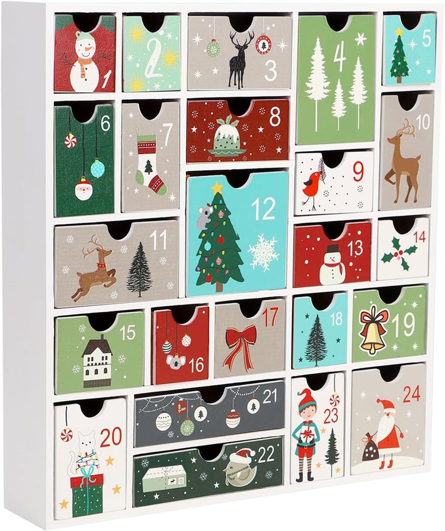SAND MINE Wooden Christmas Advent Calendar with 24 Drawers, Countdown to Christmas, Refillable Wooden Advent, White