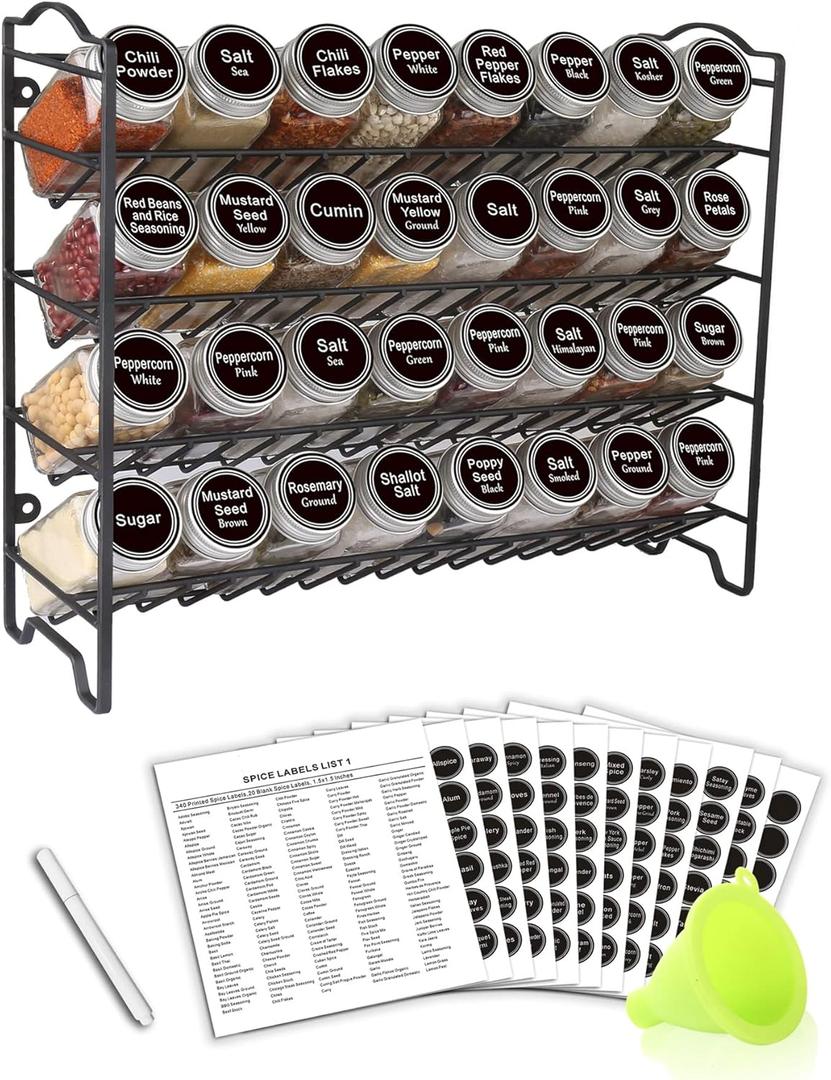 SWOMMOLY Spice Rack Organizer with 32 Glass Spice Jars, 396 Spice Labels, Chalk Marker and Funnel Complete Set, for Cabinet, Countertop, Cupboard or Wall Mount, Black (4 Tier)
