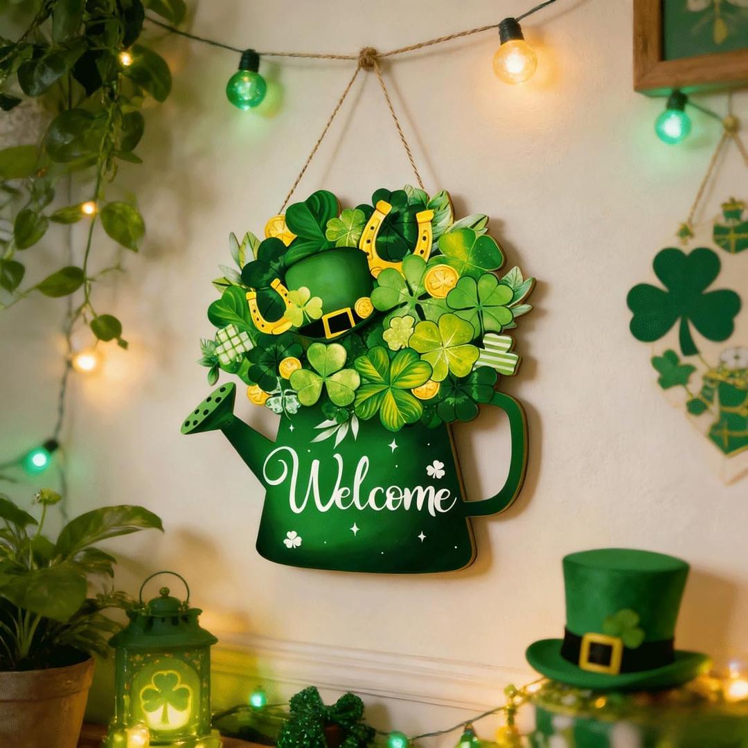 Wooden St. Patricks Day Door Sign - Shamrock Welcome Wreath Hanging Decor for Front Door, Wall, Indoor & Outdoor Irish Party Home Decorations (Shamrock Basket)