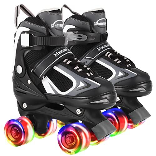 Kids Roller Skates for Girls and Boys,4 Sizes Adjustable Quad Skates with Light up Wheels, Birthday Gift for Kids Children Beginners,Black L