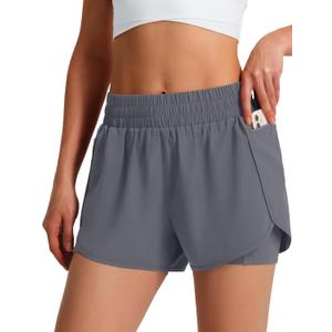 Ksmien Women's Running Shorts Quick Dry Lightweight Athletic Workout Shorts with Liner Phone Pockets, Large, Dark Grey