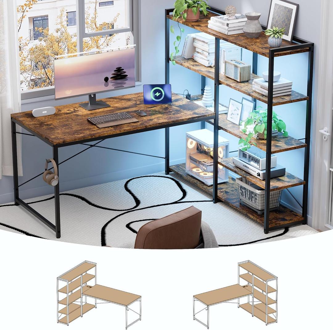 Pamray L Shaped Computer Desk with Reversible Side Storage Shelves, 49 Inch Gaming Desk with Power Outlets and Led Lights, PC Table for Home Office and Bedroom Vintage