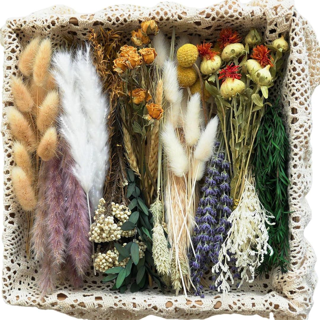 16 Varieties Dried Flowers Set, Mini Natural Dried Flowers Bulk with Stems for Vase Fillers, DIY Crafts, Wreath Making, Rustic Farmhouse Boho Home Decor, Wedding Floral Arrangement Brown Mix