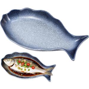 Cabilock 12 Inch Ceramic Fish Shaped Plate, Blue Porcelain Steamed Fish Platter, Deep Seafood Serving Dish for Sushi & Appetizers, Decorative Food Tray for Home Restaurant Kitchen