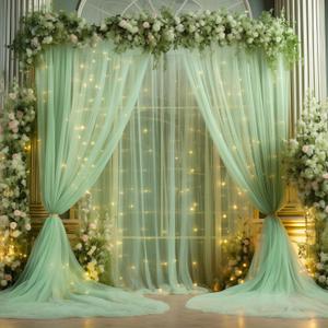 20x10ft Green Tulle Backdrop Curtain with Lights String for Parites, Sheer Photo Backdrop Curtains with Lights for Wedding Backdrop Ceremony Reception Bridal Shower Baby Shower Birthday Party (4 Panels(5*10FT))