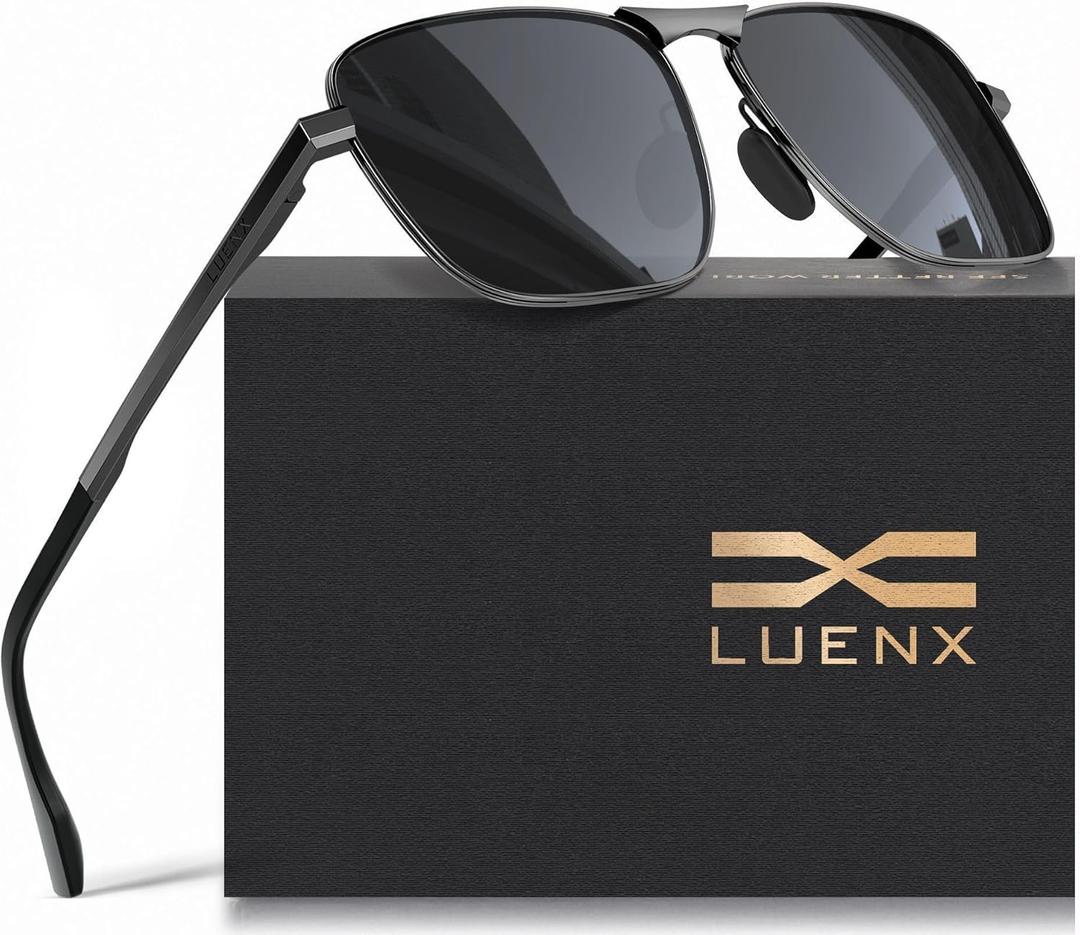 LUENX Rectangular Polarized Aviator Sunglasses for Men Retro Pilot Shades Driving UV400 Protection (Black Lens/Gunmetal Frame)