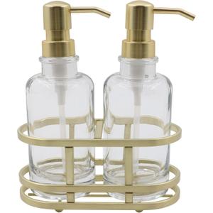 3 Piece Round Heavy Weight Glass Soap Lotion Pump Dispenser Set with Metal Caddy for Home Bath Kitchen Travel Office Hand Crafted Metal Tray Brushed Gold
