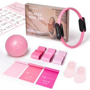 LIONSCOOL Pilates Ring Set  14" Anti-Deformation Magic Circle with Padded Handles, Mini Ball, Resistance Bands, Guide & Bag (Pink Pro)