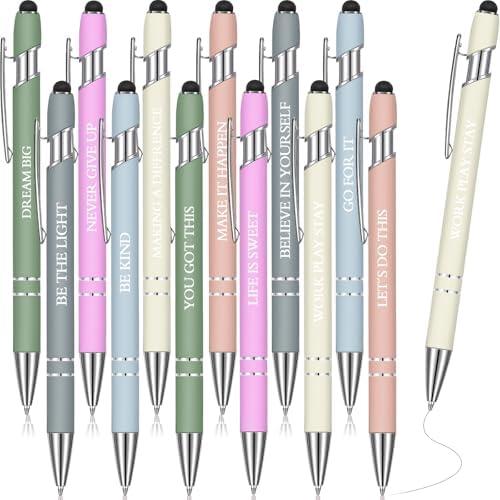 Zonon 12 Pcs Inspirational Pens Bulk Motivational Ballpoint Pen with Stylus Tip Inspirational Graduation Gifts for Teacher Coworkers School Office Supplies Black Ink(Morandi,Motivational Style)