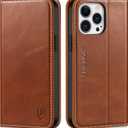 SHIELDON Case for iPhone 13 Pro Max 5G, Genuine Leather Folio Wallet Magnetic Shock Absorbing Case RFID Blocking Credit Card Holder Kickstand Compatible with iPhone 13 Pro Max 6.7" - Retro Brown
