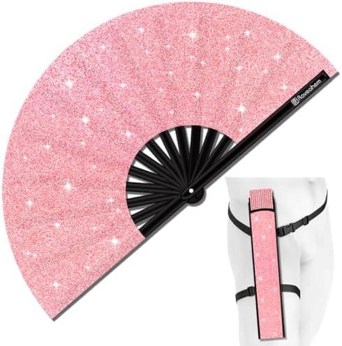 Raveahem Glitter Large Rave Folding Clack Hand Fan with Holster for Men/Women Handheld Fan for EDM,Festival,Club,Party,Dance (Pink)