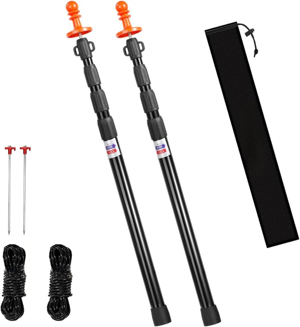 Heavy Duty Telescoping Tarp Poles, Set of 2-4-Section Adjustable 3.1FT to 9.2FT Aviation Aluminum Tent Poles for Camping, Awning, Rain Fly, Sun Shade, Canopy with Stakes & Guylines