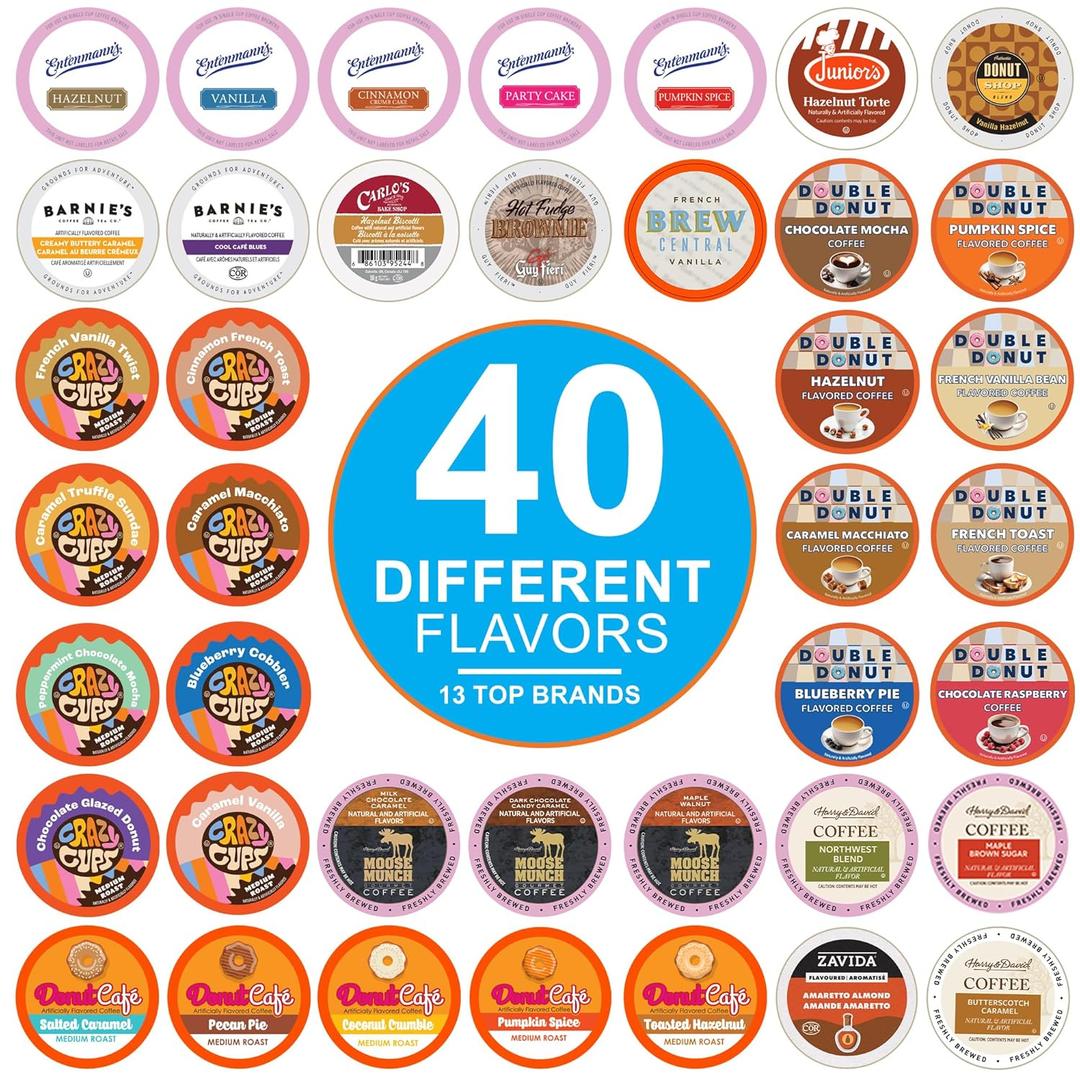 Crazy Cups Flavored Coffee Pods Variety Pack for Keurig K Cups Brewers, Assorted Flavored Coffee Sampler, 40 Count