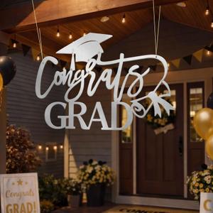 Geetery Large Graduation Metal Grad Sign Decor 30.3 x 19.7 inches 2026 Gard Photo Booth Prop Graduation Party Backdrop for Front Door Outdoor Indoor Wall College Gradua Party(Congrats Grad,Silver), 28.35 x 19.7 inches