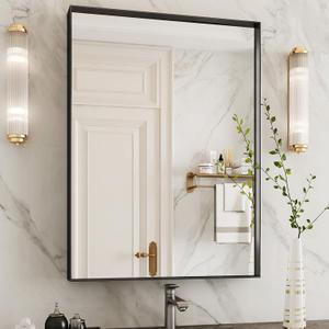Suidia Bathroom Mirror, 30" x 22" Wall Mirror Metal Framed, Bathroom Vanity Mirror for Living Room Bedroom Bathroom Entryway, Black, Rect Corner Style