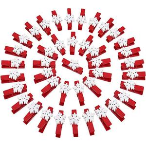 50pcs Mini Clothes Pins for Photo Holder Christmas Pins Wooden Small Clothespins for Picture Hanger Display Clips with String (Red Snow, 50 Pcs)