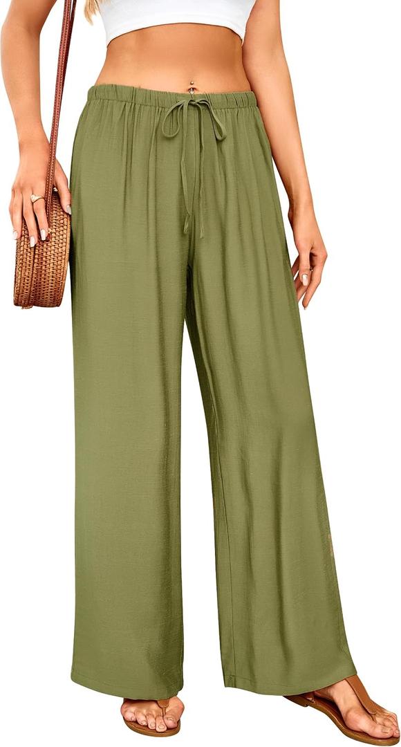 GUOLEZEEV Women Wide Leg Flowy Linen Pants Loose Drawstring Casual Pants Beach Vacation Trouser (Green, L)