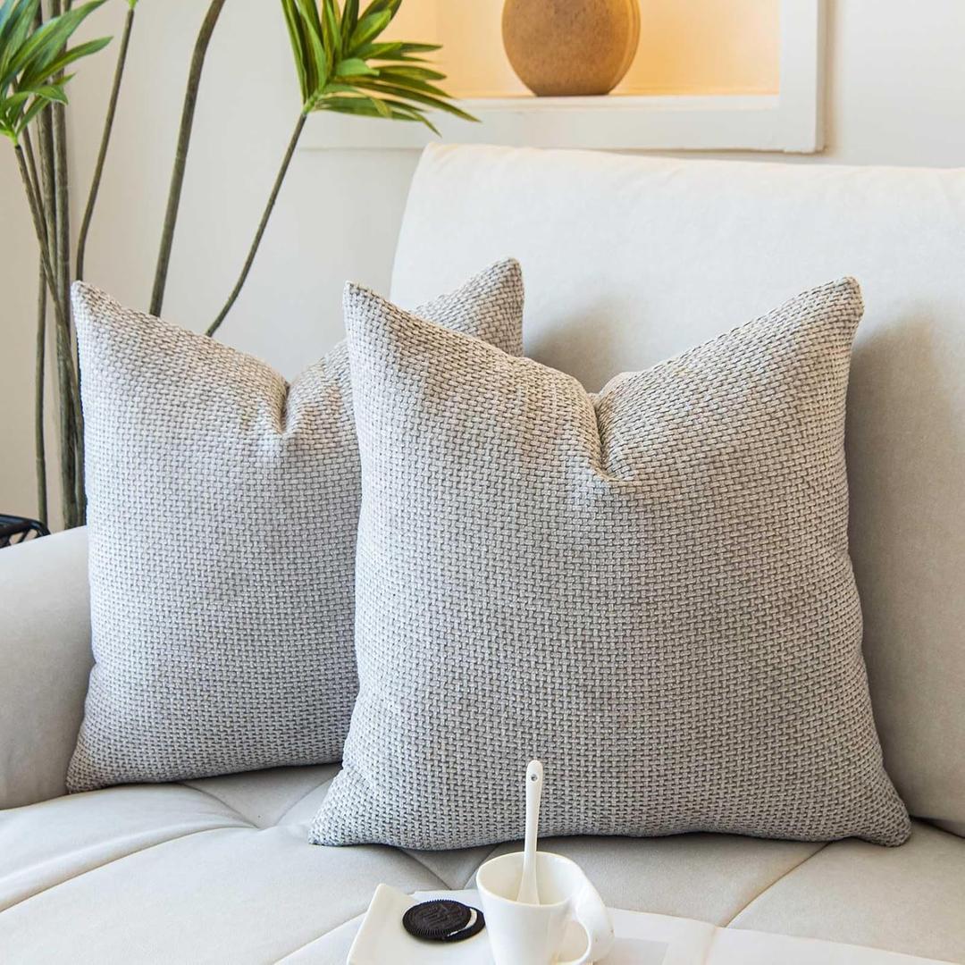 WACOMECO Neutral Textured Throw Pillow Covers, Pack of 2 Decorative Chenille Cushion Covers Accent Pillowcase for Couch Living Room Sofa Bed Home Decor, 18 x 18 in, Light Grey