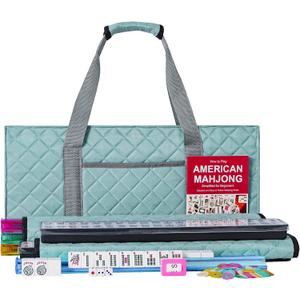 ZGME American Mahjong Set,166 White Tiles with Blue Rectangular Bag and Accessories,4 All-in-One Mahjong Racks with Pushers,Complete Western Mahjong Set, 1.2" 0.9" 0.5"