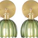 Vintage Wall Sconces Set of 2 with Green Tulip Glass Lampshade 180 Degree Adjustable Brass Sconces Hradwired Modern Wall Lighting Fixture with Switch for Bedside Bedroom Doorway (Hardwired (2 pack), Tulip Green)
