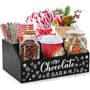 Christmas Hot Cocoa Bar Wood Coffee Station Organizer with 4 Compartment Double Layer Coffee Bar Holder Xmas Basket Organizer Bin for Home Kitchen Farmhouse Office Xmas Holiday Gift Party Supplies (Black)