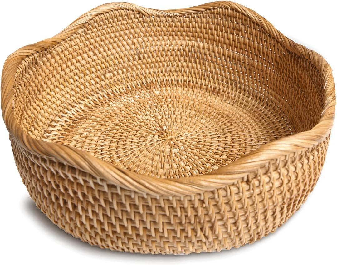 Handmade Rattan Bread Baskets Round Wicker Fruit Serving Storage Bowls, Natural Woven Decorative Kitchen Counter Organizing (Honey Brown) L-11.5''