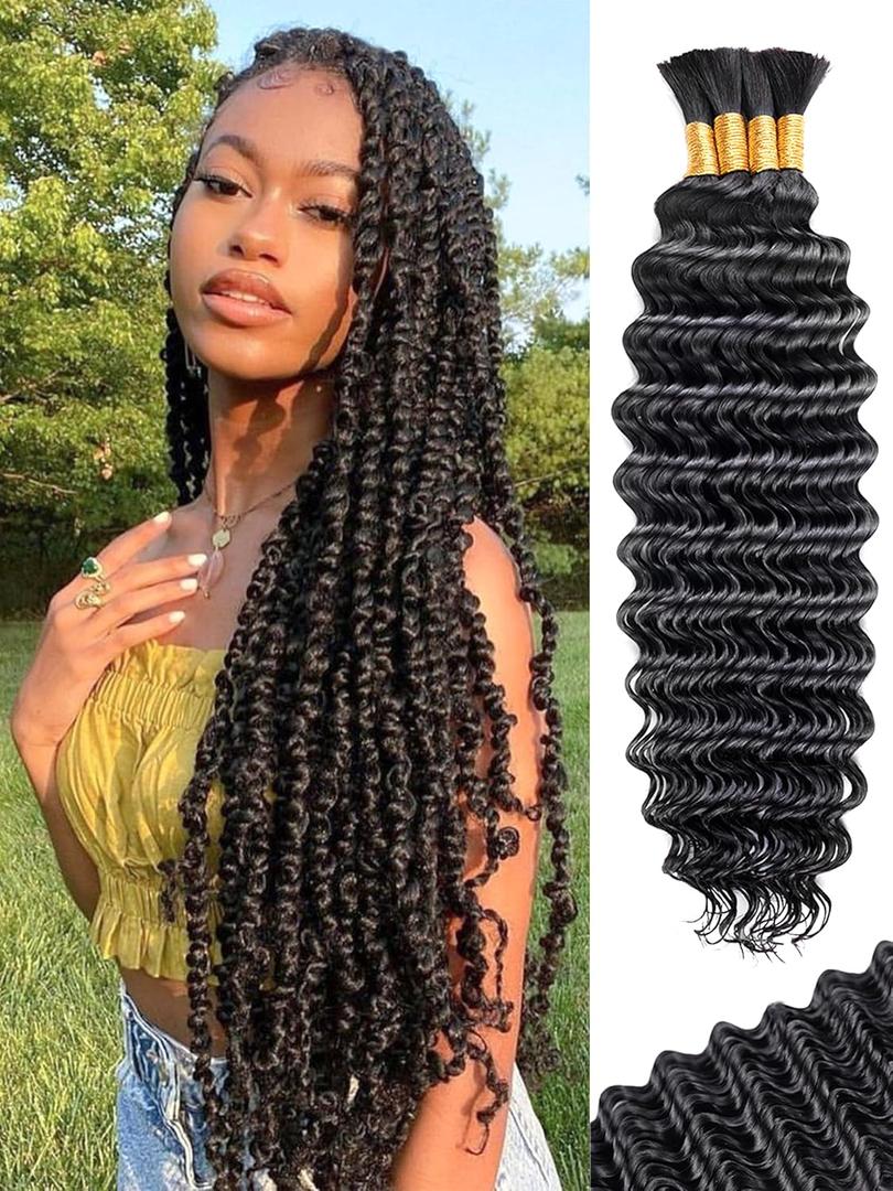 Human Braiding Hair for Boho Braids 24 Inch 100 g 4 Bundles Deep Wave Bulk Human Hair for Braiding No Weft 10A Curly Human Hair Extensions for Braids Wet and Wavy (1B)