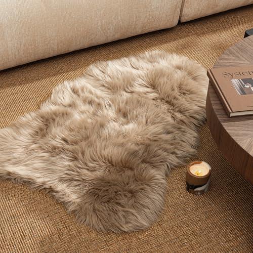 Ashler Faux Fur Rug, Beige Area Rugs, Fluffy Sheepskin Fur Rug, Fuzzy Ultra Soft 2 x 3 Ft Rugs, Machine Washable Shag Rug, Nursery Throw Rugs for Bed, Living, Kids Room