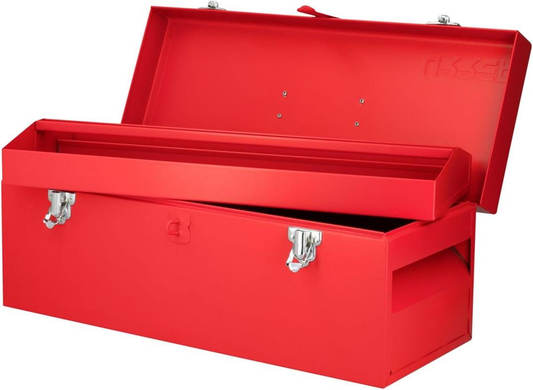 URREA Storage Box - Heavy Duty 20" x 7" x 7" Metal Tool Box with Chrome Plated Metallic Latch & Durable PVC Handle - D5