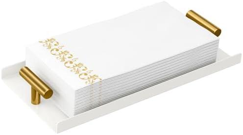 STWWO Napkin Holder for Bathroom, Guest Towel Holder Tray for Bathroom, White Guest Napkin Holders with Golden T-Handle, Disposable Hand Towel Tray for Guest Room, Table, Kitchen