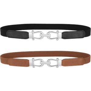 JASGOOD Women Skinny Elastic Belt for Dresses,Thin Retro Stretch Waist Belt with Golden Buckle (M Belt Length 31in,Up to 35in, A-black+brown(silver Buckle))