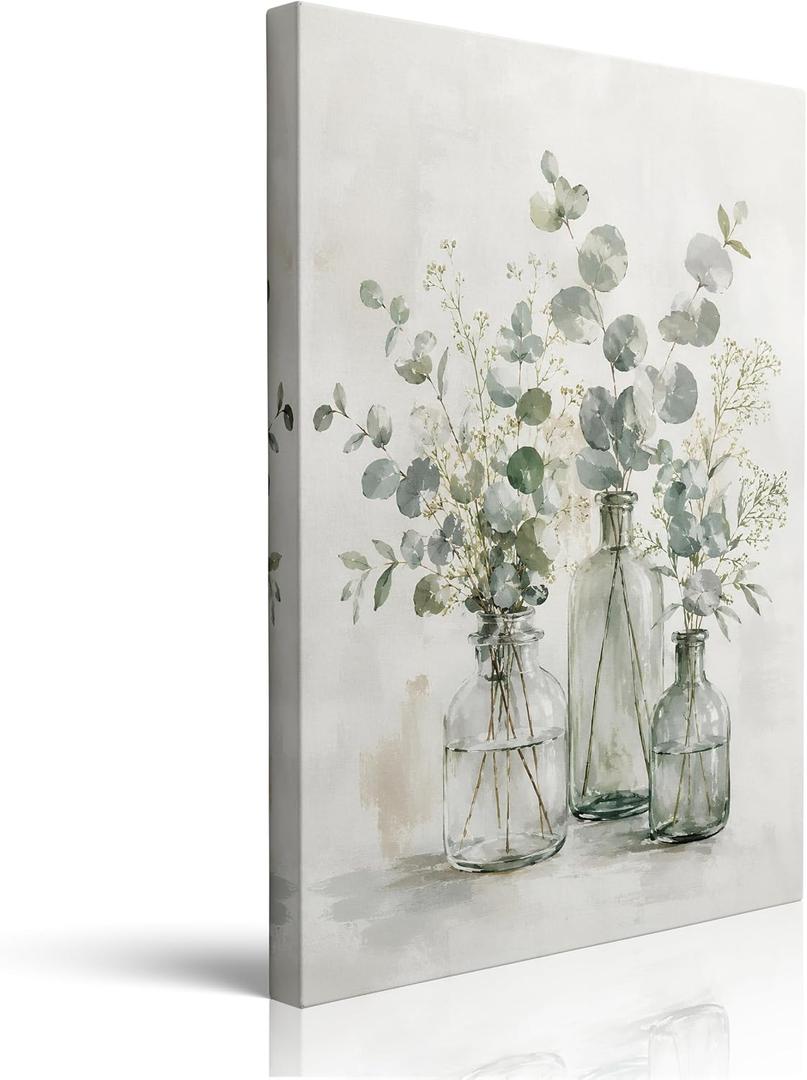 Botanical Canvas Wall Art Framed Eucalyptus Glass Vase Painting Print Posters Wrapped Canvas Wall Decor Neutral Plant Artwork for Bedroom Living Room Bathroom Kitchen Office Nursery Gift 16x24 Inches