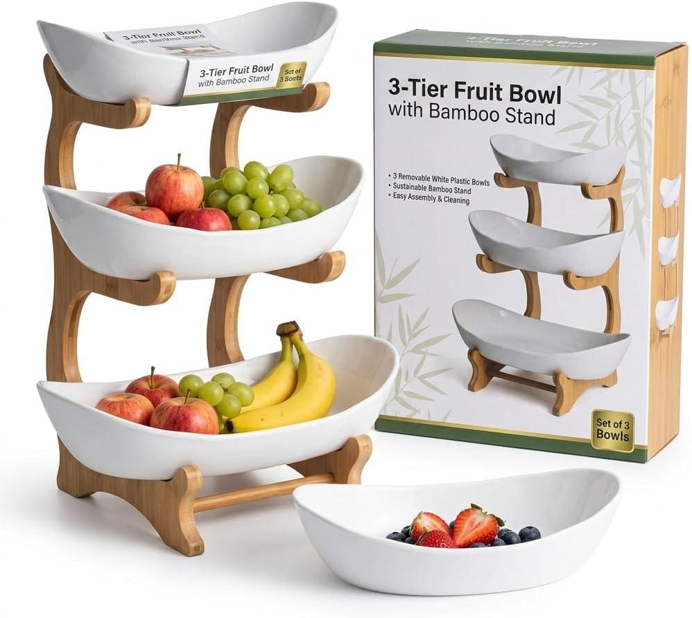 3Tier Fruit Bowl Stand for Kitchen Countertop, Removable Plastic Bowls with Bamboo Frame, Tiered Fruit Basket Organizer for Snacks, Desserts & Party (White)