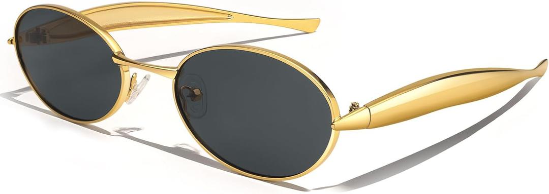 Dollger Retro Oval Sunglasses for Women Men Vintage Trendy 90s Gold Metal Frame Sun Glasses UV400 Protection Black Shades
