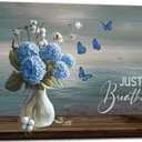 fengyuyi Blue Ocean Flower Canvas Wall Art Bathroom Decor Just Breathe Picture Hydrangea Cotton Floral Wall Decor Butterfly Prints 16x20inch