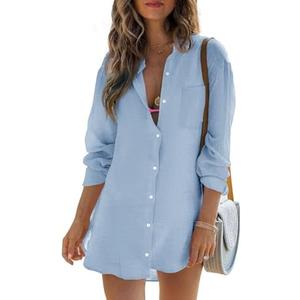 Womens Beach Cover Up Button Down Shirts Summer Cotton Gauze Tops Long Sleeve Bikini Swimsuit S