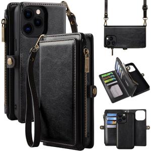 MInCYB for iPhone 13 Pro Max Wallet Case with Card Holder (12 Card Slots) - PU Leather Case for Women & Men, Wireless Charging, Detachable Magnetic, Crossbody Strap, Shockproof Protective Phone Cover. (Black)