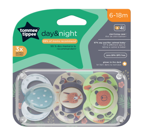 Pack of 3 Tommee Tippee Day & Night Orthodontic Pacifiers 6-18 mos Glow in the Dark