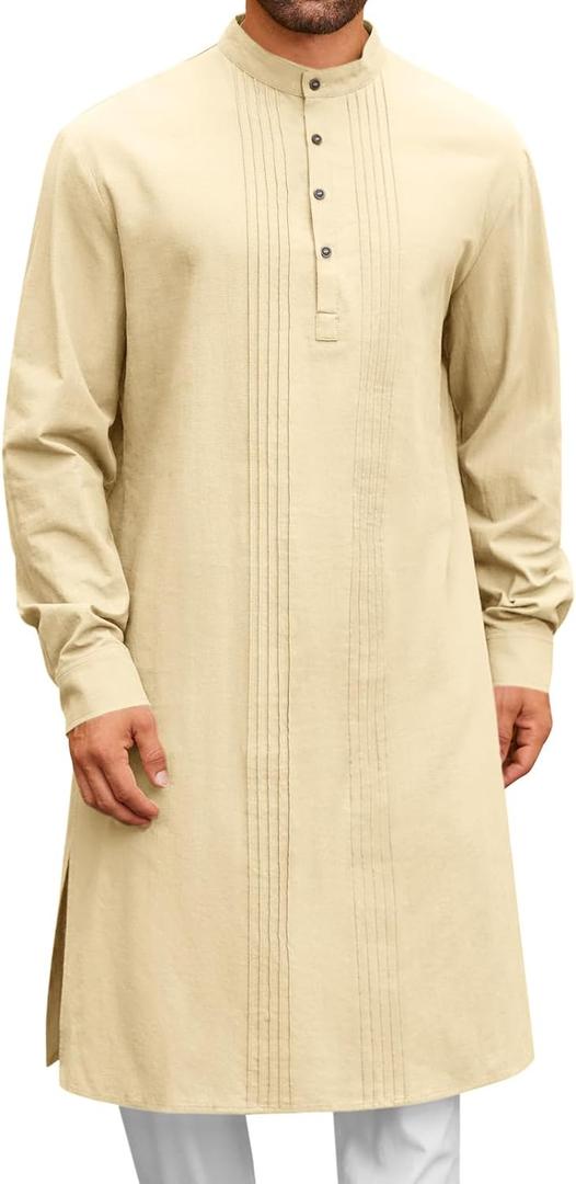 Runcati Mens Kaftan Robe Button Down Long Sleeve Cotton Linen Thobe Casual Muslim Gown Henley Shirt (Large, Beige)