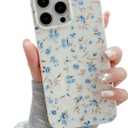 QLTYPRI for iPhone 15 Pro Case, Cute Pink Floral Flower Pattern Aesthetic Phone Case, Raised Camera Protection Soft Slim TPU Shockproof Protective Phone Cover for Girls Women - Blue