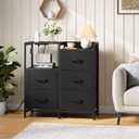 Somdot Black Nightstand with Charging Station and LED Light, Wide 5 Drawers Dresser for Bedroom with Fabric Bins and Open Shelf for Bedroom Kids Closet Dorm Guest Room, Black