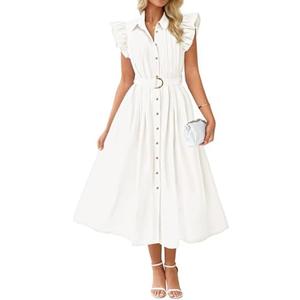 ZESICA Women's 2025 Summer Boho Button Midi Dresses Casual V Neck Flutter Sleeve Belted Long Dresses with Pockets (White, Small)