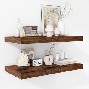 Fun Memories Floating Shelves - 2 Pack 12 Inch Deep Rustic Wooden Wall Shelves - Extra Deeper & Thicker Wall Mounted Storage Shelf for Living Room, Kitchen, Farmhouse - 24" W x 12" D x 1.5" H - Brown (24"W x 12"D - 2P, Rustic Brown)