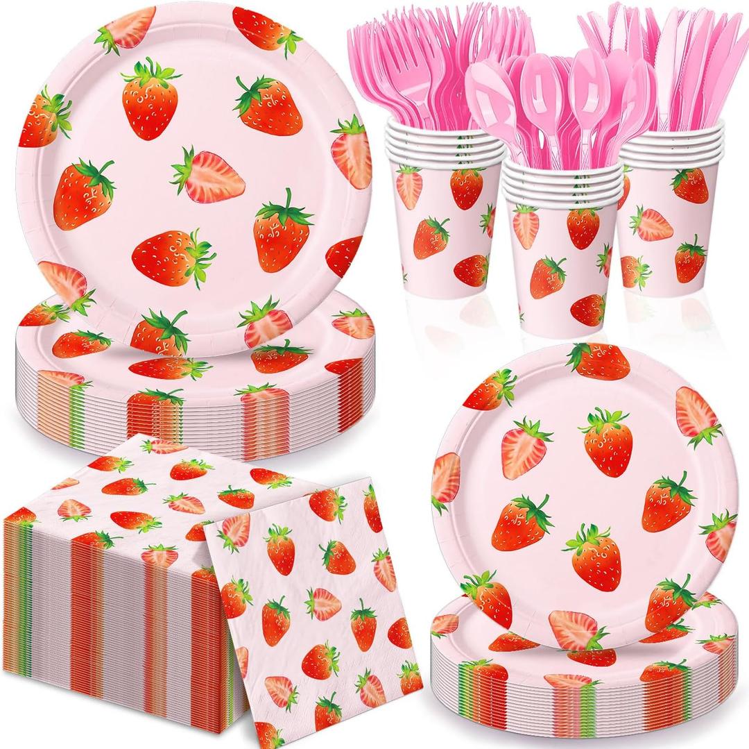 168 Pcs Strawberry Birthday Decorations, Includes Plates, Napkins, Cups, Cutlery for Berry First Birthday Decor, Serves 24, Pink Strawberry Party Tableware