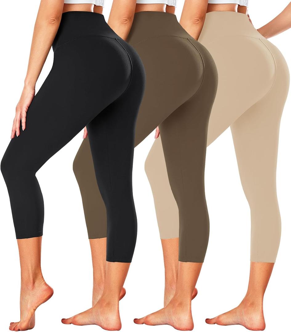 FULLSOFT 3 Pack Capri Leggings for Women - High Waisted Tummy Control Black Workout Yoga Pants, Small to medium