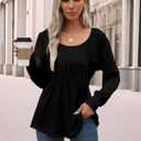 Womens Puff Long Sleeve Tunic Tops Pleated Scoop Neck Shirts Slim Fitted Elastic Business Casual Blouses (Black, M)