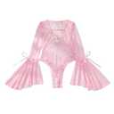WDIRARA Women's Lace Lingerie Bodysuit Mesh Bell Long Sleeve Teddy Bodysuits Pink Small
