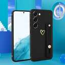 Compatible with Samsung Galaxy S23 Case for Women Girls, Cute Gold Love Heart Pattern with Wrist Hand Holder Stand Soft Silicone Kickstand Protection Cover (Black)